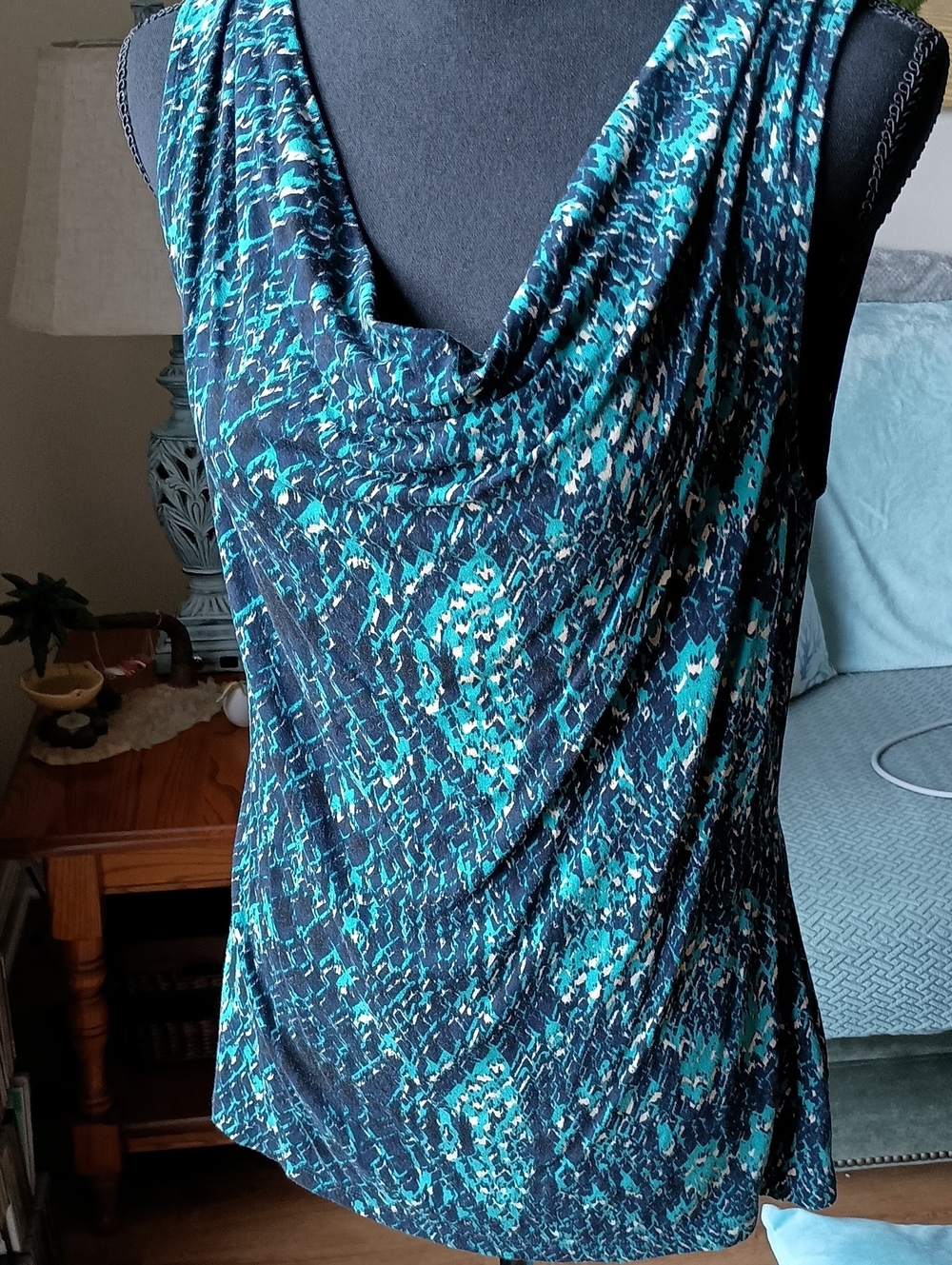 212 Collection Teal and Black Drape Neck Sleeveless Top